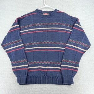Vtg 90s Stone Haven Men L 3D Cable Knit Grandpa Sweater Ramie Cotton Blue Stripe
